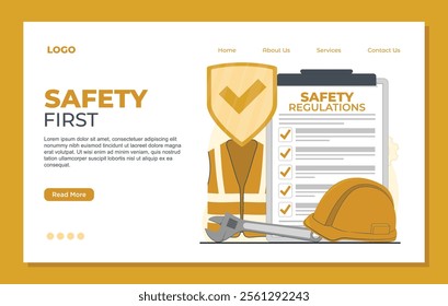 Safety first landing page template. Flat vector illustration of safety regulations page for web design