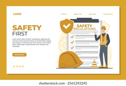 Safety first landing page template. Flat vector illustration of safety regulations page for web design