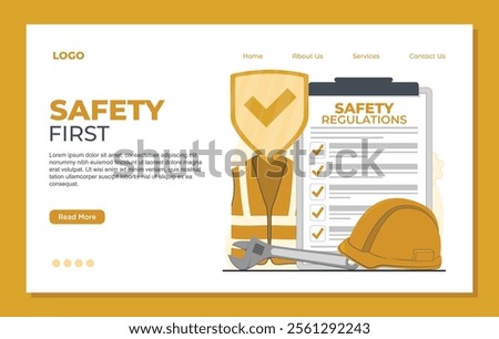 Safety first landing page template. Flat vector illustration of safety regulations page for web design