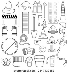 Safety First: Line Art Icons of Firefighting and Emergency Response Equipment