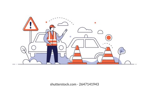 Safety First On the Road Professional Road Worker Managing Traffic Near Highway Vehicles