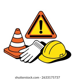 Segurança primeiro Um lembrete para priorizar as precauções com cone de chapéu duro e sinal de aviso Minimalista