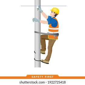 Safety first. Rules for working at height. Safety engineering for high-voltage work. Builder, worker, electrician, high-rise work. Vector illustration of a man in construction clothes