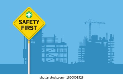 primer signo de seguridad en el fondo de la construcción, Signo de advertencia amarillo industrial, diseño vectorial.
