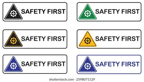Safety first signboard vector set collection. Safety fist symbol with gear and cross signs for construction worker. Industrial Safety First Sign with Gear and Medical Cross Symbol for Workplace Hazard