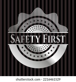 Safety First silver badge or emblem. Vector Illustration. Mosaic. 