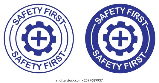 Safety first stamp. Safety first rubber stamp vector collection set. safety first logo for company, factor.  Safety first emblem with gear and medical cross symbol for industrial and workplace. gear.