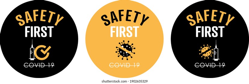 Safety First Stamps. Covid-19 vaccine. Flat vector logo.