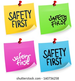 Safety First Sticky Note - Traditional office paper sticker set isolated on white background