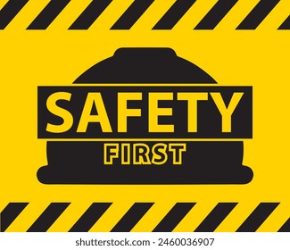 Safety first stripes vector illustration. Safety helmet, construction, industrial, hazard, builder, warning tape, yellow and black stripes. Can use for infographic, banner, poster, web design.