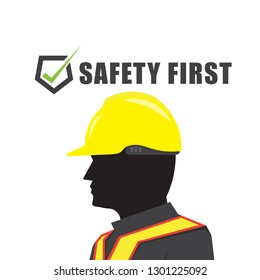 Safety first text symbol with man yellow helmet on white