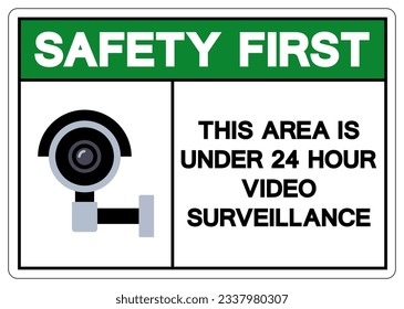 Seguridad En Primer Lugar Este Área Es Menor De 24 Horas Símbolo De Vigilancia De Vídeo, Ilustración Vectorial, Aislado En Etiqueta De Fondo Blanco. EPS10