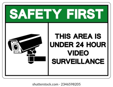 Seguridad En Primer Lugar Este Área Es Menor De 24 Horas Símbolo De Vigilancia De Vídeo, Ilustración Vectorial, Aislado En Etiqueta De Fondo Blanco. EPS10