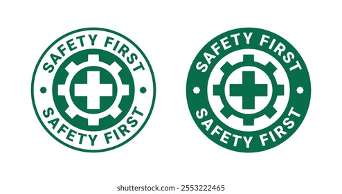 Safety first vector logo. Workplace safety signs badge for construction companies, mining and manufacturing industries