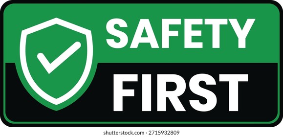 Primera señal de advertencia de seguridad con Ilustración vectorial de marca de verificación de escudo