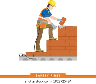 Safety first. Work rules at construction site. Safety engineering. Builder, worker, stone mason laying bricks. Vector illustration of a man in construction clothes