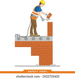 Safety first. Work rules at construction site. Safety engineering. Builder, worker, stone mason laying bricks. Vector illustration of a man in construction clothes