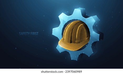 Safety first. Yellow protection helmet with Mechanism gears and cogwheels. Low polygonal wireframe mesh lines and triangles, point connecting on blue background. Illustration vector