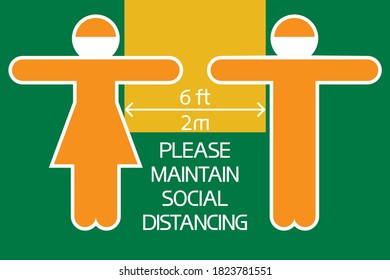 Safety first.Sign. Please maintain social distancing-poster, flat, illustration and text.