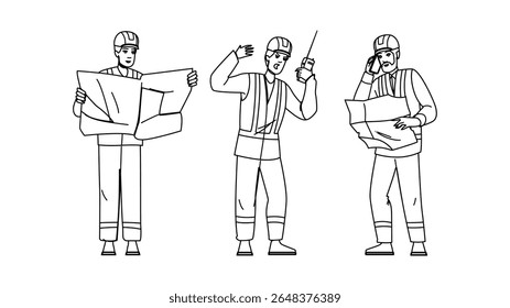 vetor de trabalho de capataz de segurança. local do trabalhador, indústria de trabalho, construtor de construção segurança capataz de trabalho personagem. pessoas linha preta lápis desenho ilustração