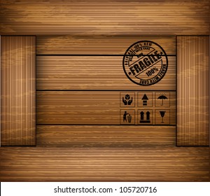 Safety Fragile Sticker Icon On Texture Wooden Box. Vector