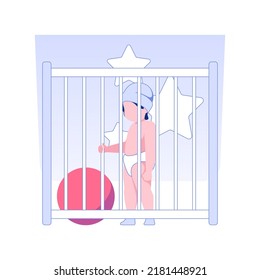 Safety gates installation isolated concept vector illustration. Little baby playing near closed safety gates, doorways and stairwells protection, private house custom interior vector concept.