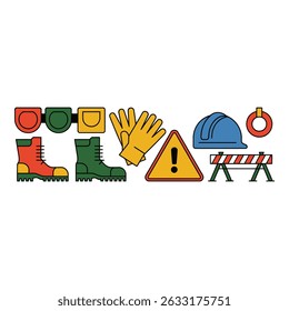 Safety gear ensures a secure construction work with hard hat barrier and boots icon style on a tan