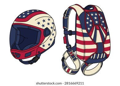 Safety gear set featuring full face helmet and skydiver backpack pack, american patriotic theme, sports equipment.