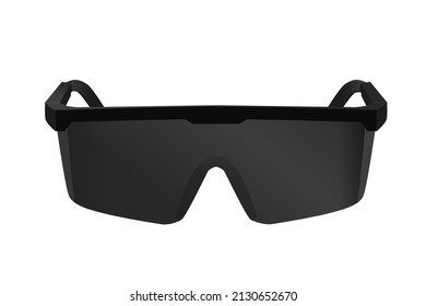 Safety Glasses are black color for protecting the eye from UV rays and radius. Illustration about working accessory of medical and technician.