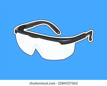 Safety glasses icon illustration design, fashionable, for eye protection against chemical splash, debris or radiation hazards, realistic icon vector in sticker style isolated on blue background