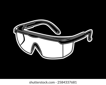 Safety glasses icon illustration design, fashionable, for eye protection against chemical splash, debris or radiation hazards, vector icon in black and white sticker style on black background