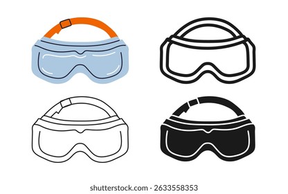 Safety glasses icon symbol set. Modern protective glasses repair for builder mechanic, plumber, carpentry service or for skiing sport. Professional stylized simple sign web design vector illustration
