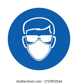 Safety glasses and mask must be worn.  Standard ISO 7010.  Vector design isolated on white background .