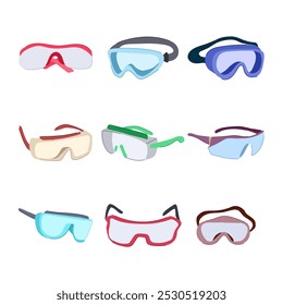 safety glasses medical set cartoon. vision durable, lens comfort, fit secure safety glasses medical sign. isolated symbol vector illustration