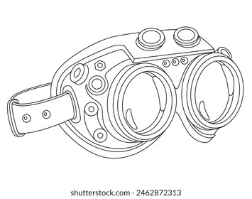 Gafas de seguridad en estilo steampunk - imagen lineal de Vector para colorear el logotipo o pictograma. Esquema. Gafas de seguridad Steampunk con lentes redondas para un libro de colorear