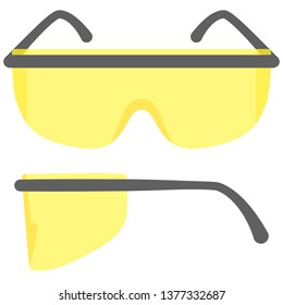 Safety glasses for working with the grinder. Look in the face and in profile. Glasses plastic, yellow, with black shackles. Isolated vector image with translucency