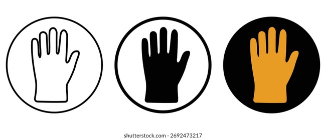 Safety gloves icons. Work gloves icons set. Hand protection PPE symbols in circle shapes. Outline solid black and yellow glove icons. Industrial safety signs for construction factory UI web interface and training infographics