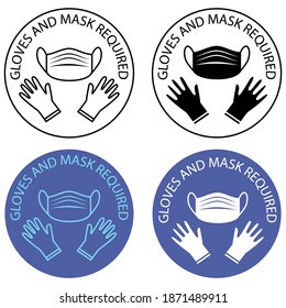 Safety gloves are required. Mask and gloves are required, warning prevention sign. Virus prevention icons. Blue color and black outline icons. Preventing virus spread concept. Vector illustration 
