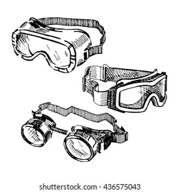 Safety goggles hand drawn set. Vector illustration