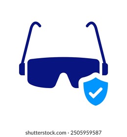 Safety goggles with shield icon, representing protection and safety in labs, clean blue and dark blue colors, bold lines, modern design, security, health, protective gear, safety focus in lab work.
