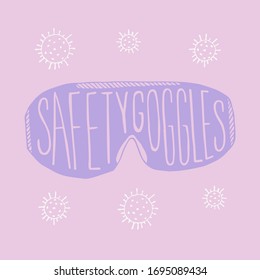 Safety googles lettering. Set of doodle elements. Pink and purple poster. Stock vector illustration. 