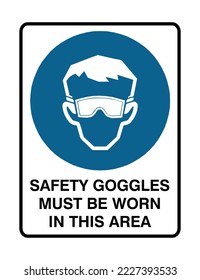 Safety Googles Must Be worn In This Area - Mandatory Signs - Eyesight Safety, Personal Protective Equipment, Protection Signs.