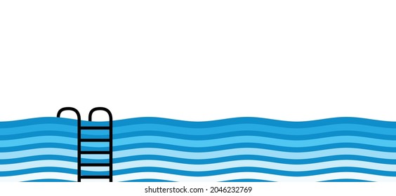 Safety grab bars ladder or steps in blue swimming pool. Flat vertor swimming pool with stair. Stairs or ladder logo. Steel railings stairs in a pool pictogram. Water, sea wave.