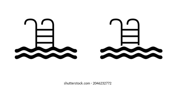 Safety grab bars ladder or steps in blue swimming pool. Flat vertor swimming pool with stair. Stairs or ladder logo. Steel railings stairs in a pool pictogram. Water, sea wave.