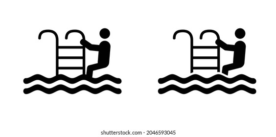 Safety grab bars ladder or steps in blue swimming pool. Flat vertor swimming pool with stair. Stairs or ladder logo. Steel railings stairs in a pool pictogram. Water, sea wave. 