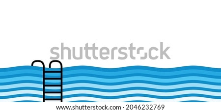 Safety grab bars ladder or steps in blue swimming pool. Flat vertor swimming pool with stair. Stairs or ladder logo. Steel railings stairs in a pool pictogram. Water, sea wave.