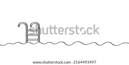 Safety grab bars ladder or steps in blue swimming pool. Flat vertor swimming pool with stair. Stairs or ladder logo. Steel railings stairs in a pool pictogram. Water, sea wave.