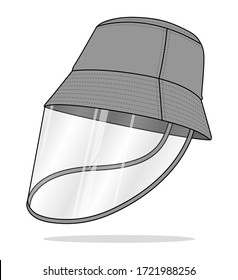 Safety Gray Bucket Hat With Plastic Transparent Face Shield Vector For Template.