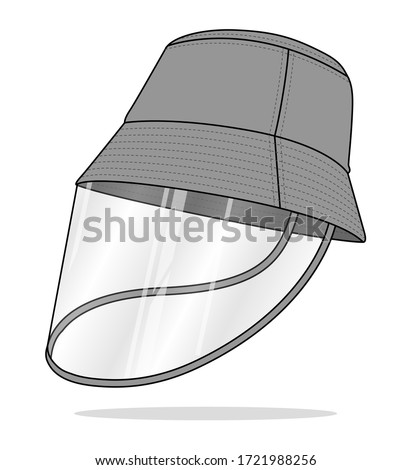 Safety Gray Bucket Hat With Plastic Transparent Face Shield Vector For Template.