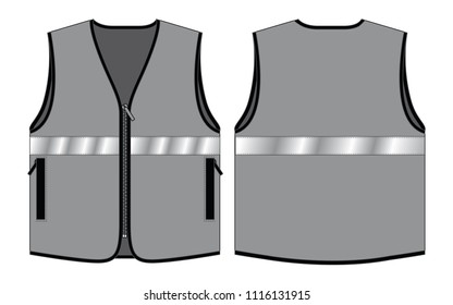 Safety Gray Vest With Reflective Tape Design On White Background.Front and Back View.